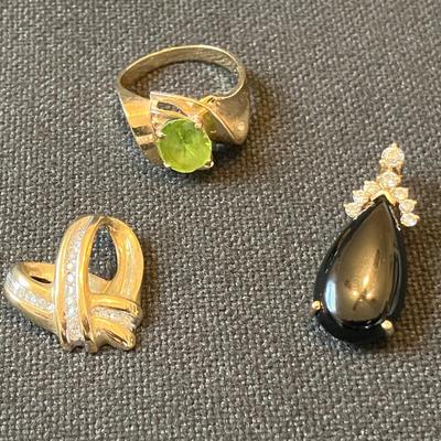 10K Pendant with Stones, 10K Diamond Heart Pendant, and 10K Ring with Green Stone
