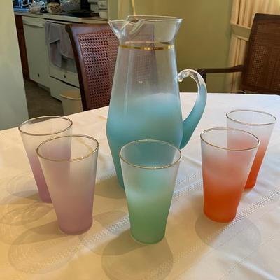 MCM Blendo Frosted Glass Pitcher and Glass Set