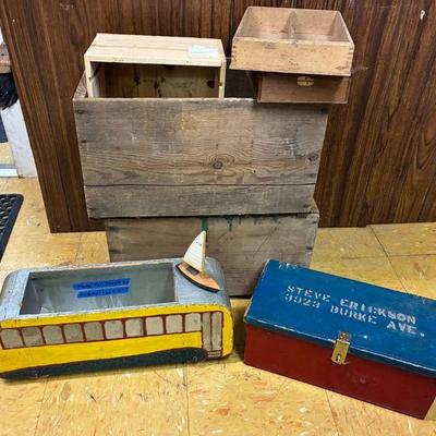 Wooden crates and 1940s homemade wooden bus