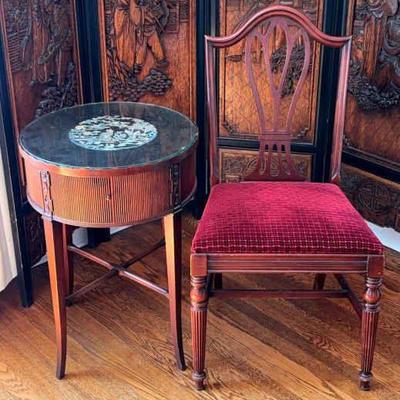 Vintage wood drum table complementing chair