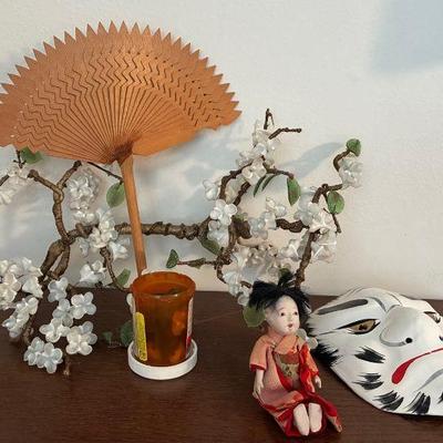 Glass petal tree noh mask, ichimatsu doll & more