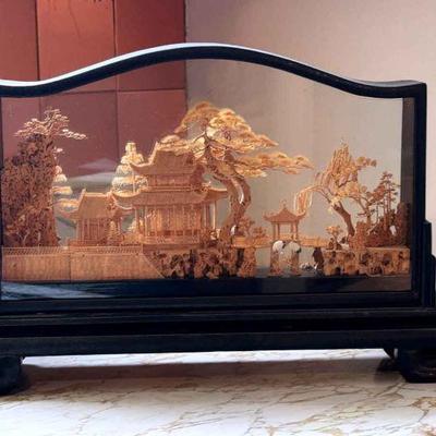Vintage chinese cork diorama with cranes pagodas