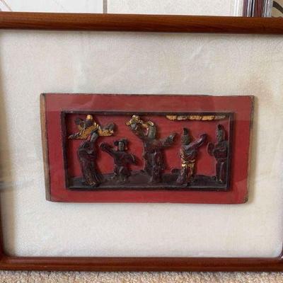 Vintage chinese hand carved red lacquer gilt wood panel w relief