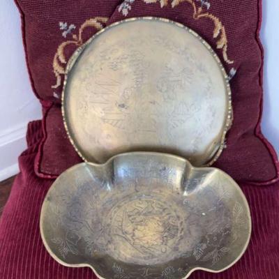 Chinese brass bowl tray with engraved design