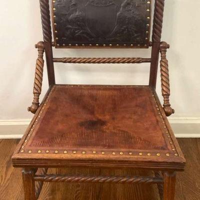 Antique embossed eagle leather barley twist gothic revival chair