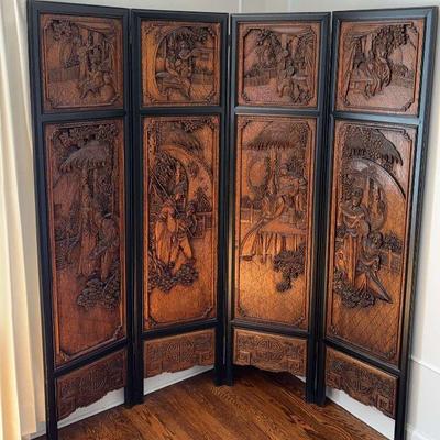 Far eastern theme carved wood 4 panel screen