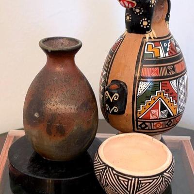 Bizen sake bottle chinese calligraphy inkstone, chicha jug & acoma pot