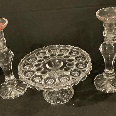 Lead Crystal Cake Stand And Two Crystal Candle Holders 