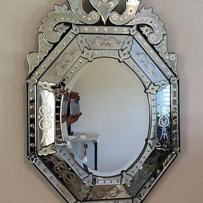 Ornate Silver and Glass Motif Mirror, 28" x 48"