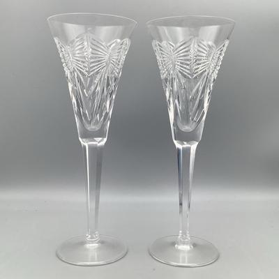 Pair Of Waterford Crystal Champagne Flutes - Butterfly Pattern