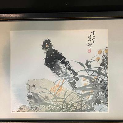 Framed Chinese Brush Painting of a Bird with Flowers
