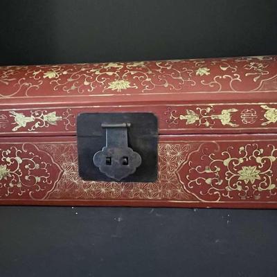 Decorative Red Lacquer Box with Gold Detailing, 22" Long