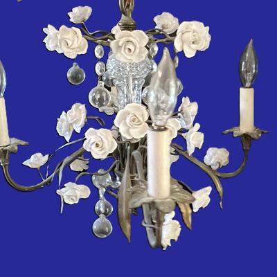 Antique Chandelier With Crystals and Ceramic Flowers