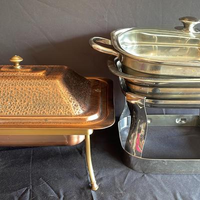 2 Chafing Dishes --  1 Hammered Copper, 1 Stainless Steel Kirkland Brand