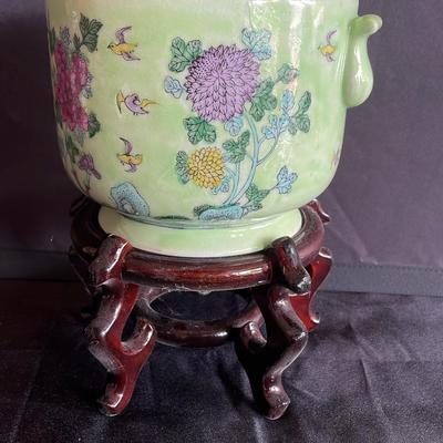 Oriental Handpainted Green Floral & Bird Design
