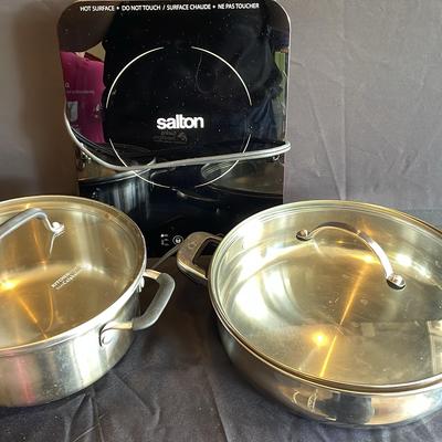 5 Qt Calphalon Pot W/ Lid & Oneida Deep Sauce Pan W/ Lid 12” & Salton Hot Plate