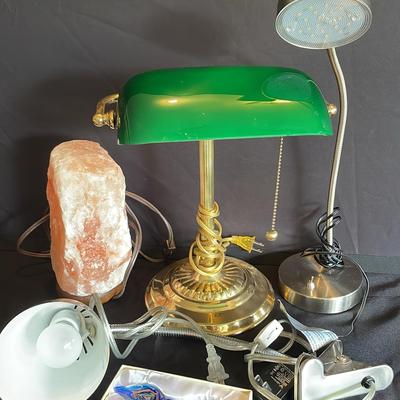 Assorted Desk Lamps Including A Salt Lamp & Art Glass Magnifying Lense 