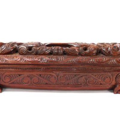 Lot 239 vintage 1977 hand carved maori feather box