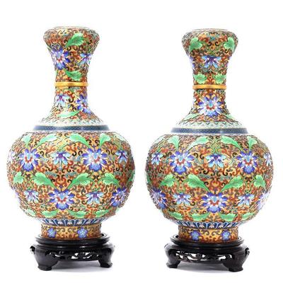 Lot 358 gorgeous pair of chinese champleve vases wstands