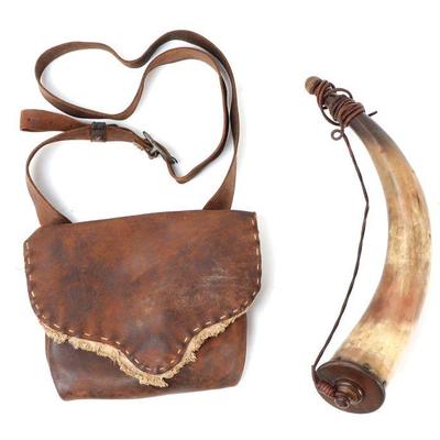 Lot 97 antique leather hunting bag and powder horn set