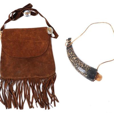 Lot 98 brown suede leather fringe bag black powder horn