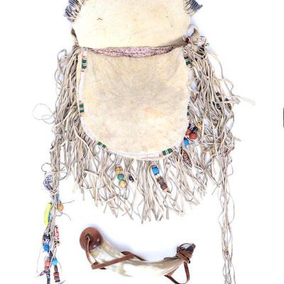 Lot 266 fine set hide beaded side bag wpowder horn