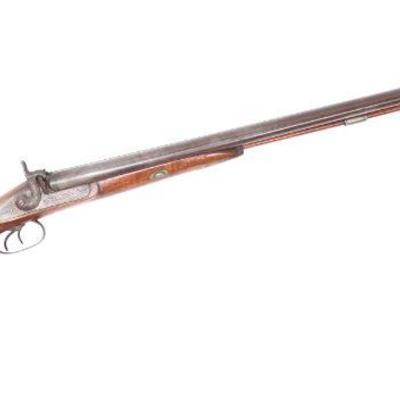 Sale Photo Thumbnail #78: Lot 79 fine damascus double barrel percussion shotgun