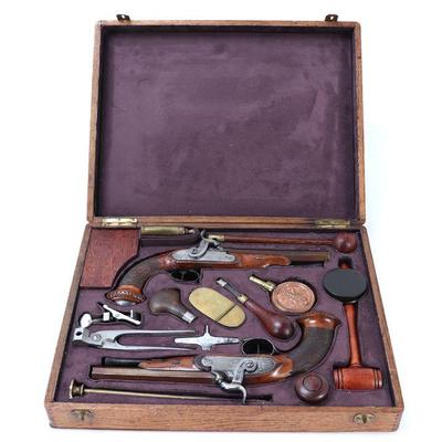 Lot 82 cased set of liege carriage dueling pistols