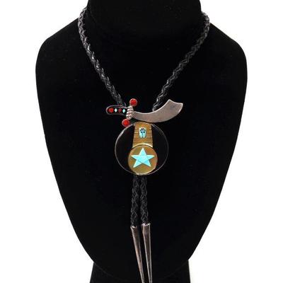 Lot 140 zuni handmade bolo tie turquoise, jet & mother of pearl