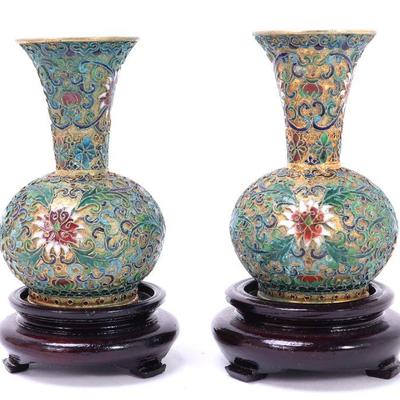 Lot 357 gorgeous pair of miniature chinese cloisonne vases wstands