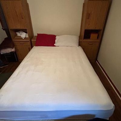 Master Bedroom Set - Queen Bed Frame, Mattress/Boxspring, Tall Side Storage Shelves (2), Dresser w/ Mirror 