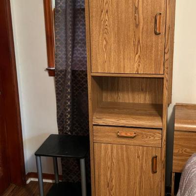 Master Bedroom Set - Queen Bed Frame, Mattress/Boxspring, Tall Side Storage Shelves (2), Dresser w/ Mirror 