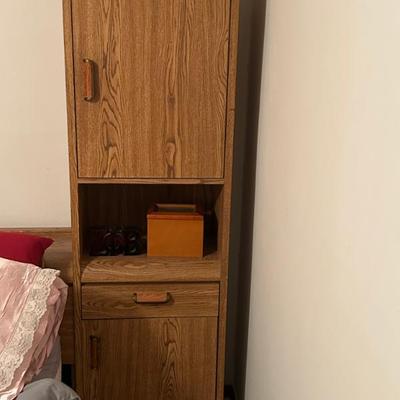 Master Bedroom Set - Queen Bed Frame, Mattress/Boxspring, Tall Side Storage Shelves (2), Dresser w/ Mirror 