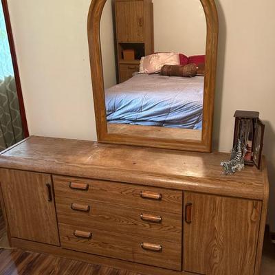 Master Bedroom Set - Queen Bed Frame, Mattress/Boxspring, Tall Side Storage Shelves (2), Dresser w/ Mirror 