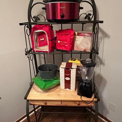 Assorted Kitchen Appliances on Bakers Rack 