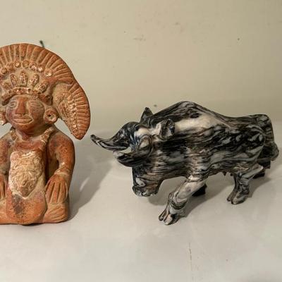 Aztec/Mayan Warrior Statue and Marble Bull Statue 