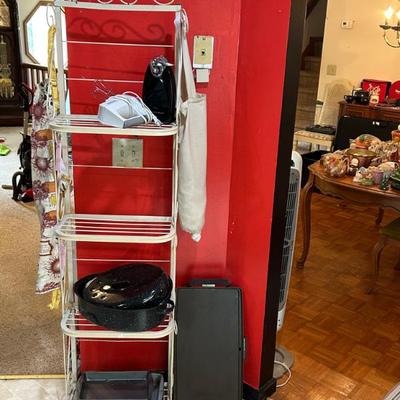 Bakers Rack with Kitchen Appliances and Cookware 