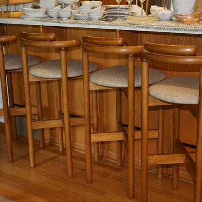 Label on bottom for Mobelfabrik Denmark four teak counter chairs, very good. 