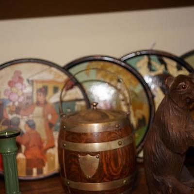 Early 20th century Russian Pyrography plates, boxes and vessels. even one with nesting measuring spoons. 