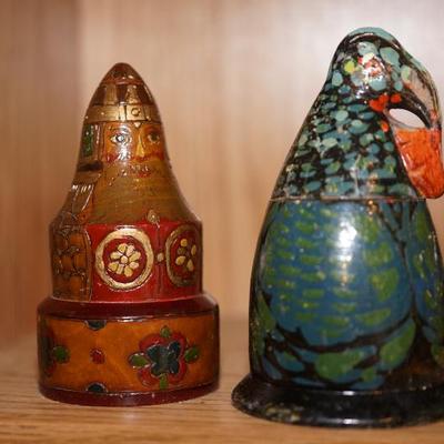 Russian pyrography box with wooden measuring spoons and the other is a hand painted wood turkey looking bird box. Russian art early...