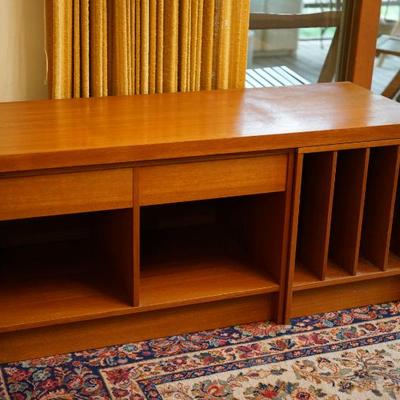 Teak audio stand and record slots and we have the records selection to fill it