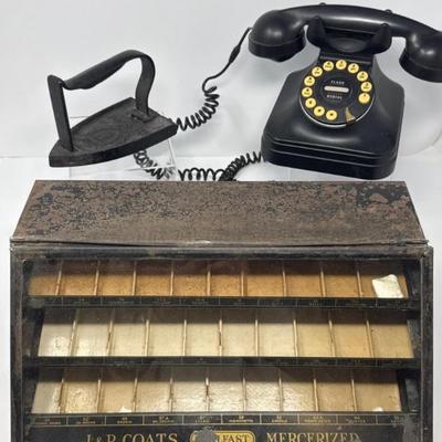 Antique phone, flash cast iron and JP Coats Thread Holder