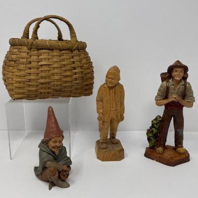 Assorted Vintage figurines and Wicker Basket