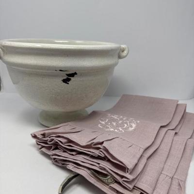Distressed display bowl and Crown Linen Designs tea towels