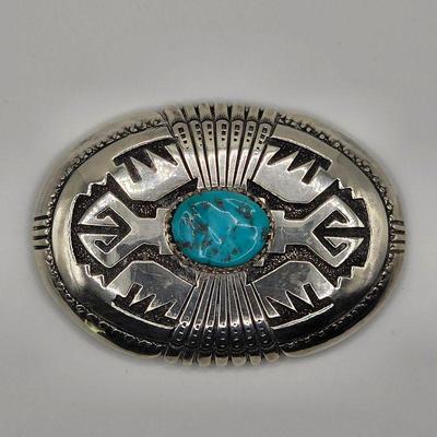 Thomas Singer Vintage Native American sterling silver and turquoise belt buckle