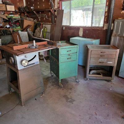 Vintage Craftsman table saw, tool carts, and tool box