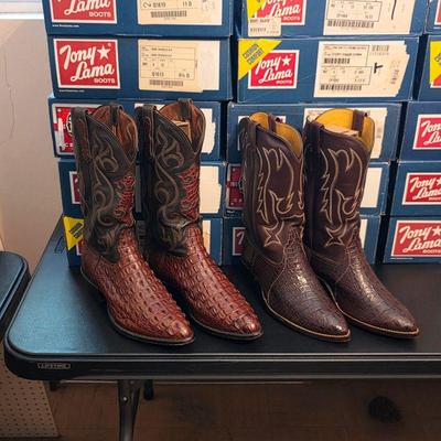 Cowboy boots, mostly pre-ban exotic skins from Lucchese, Justin, Nocona, Tony Lama, Dan Post, and custom made