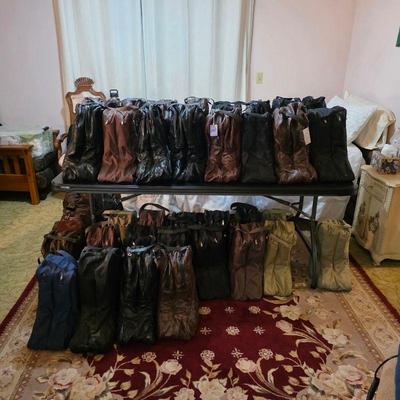 Cowboy boots, mostly exotic skins, Lucchese, Justin, Nocona, Tony Lama, Dan Post, and custom pairs