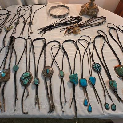Vintage Native American jewelry, sterling silver and turquoise bolo ties