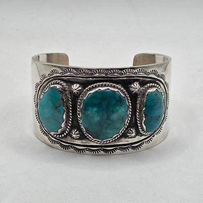 Vintage Native American sterling silver and turquoise Lorenzo James cuff bracelet